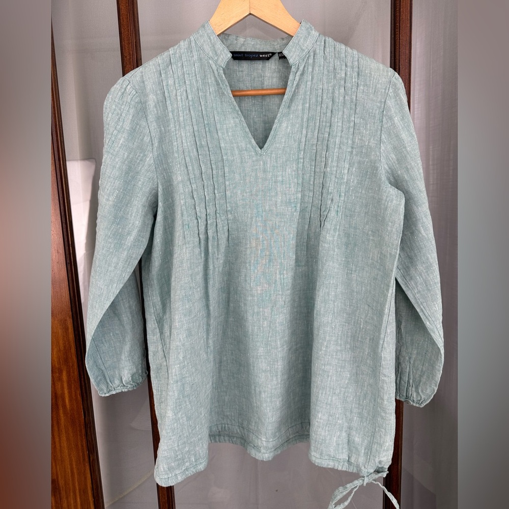 St Tropez West 100% Linen Pintuck Blouse Tunic Beach Medium Long Sleeve Green
